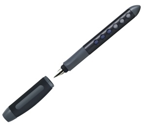 Stilou școlar Faber-Castell pentru dreptaci, culoare albastru, cu grip ergonomic și peniță din iridiu, recomandat pentru dezvoltarea abilităților de scriere la copii.