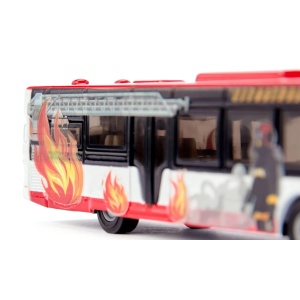 Model miniatural SIKU 1688 Autobuz Neoplan din metal, cu design dinamic inspirat de vehiculele de intervenție și roți cauciucate pentru rulare realistă.
