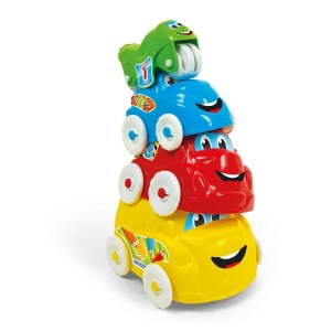 Set Clementoni Baby Vehicles cu autobuz, camion, mașină și motocicletă colorate, concepute pentru stivuire și introducere una în alta.
