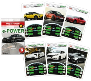 Joc de cărți E-Power cu 36 de cărți ilustrate cu automobile, destinat copiilor și pasionaților de mașini, bazat pe compararea caracteristicilor tehnice.