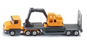 Model miniatural SIKU 1611 excavator încărcător, realizat din metal și plastic, inspirat de utilajele utilizate pe șantiere pentru săpături și manipularea materialelor.