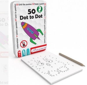 Joc Fifty Dot to Dot într-o cutie metalică, cu carduri de activități pentru conectarea punctelor numerotate și creion inclus.