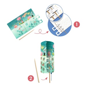 Kit creativ Fireflies Dance de la Djeco cu felinare din hârtie împletită, bețe de bambus, lumânări LED și suporturi decorative cu nuferi pentru realizarea unor decorațiuni luminoase.