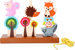 Joc din lemn Forest Animals cu vulpe, arici, bufniță, raton și veveriță, pentru potrivire, stivuire și înșirare educativă.