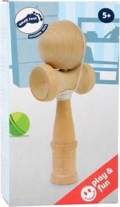 Joc Kendama din lemn natural cu minge și șnur, ideal pentru dezvoltarea coordonării, dexterității și concentrării copiilor.