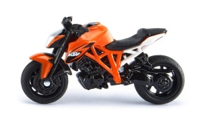 Machetă KTM 1290 Super Duke R SIKU 1384 cu design sportiv, finisaje detaliate și construcție din metal, inspirată de motocicleta originală de înaltă performanță.