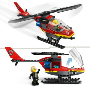 Elicopter LEGO City de pompieri cu minifigurină pilot, elice funcționale și tunuri cu apă, pregătit pentru misiuni de salvare și stingerea incendiilor.