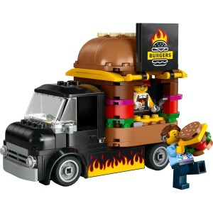 Tonetă mobilă LEGO City cu burger uriaș, camionetă și minifigurine vânzător și client, pregătită pentru aventuri culinare și jocuri de rol creative.
