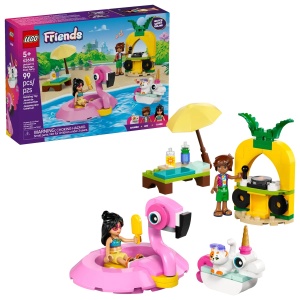 LEGO Friends 42658 cu colac flamingo, colac unicorn, Leo, Liann și motanul Churro pentru joacă imaginativă și aventuri la piscină.