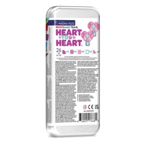 Set MAGNA-TILES microMAGS Heart to Heart cu 26 de piese magnetice în nuanțe de roz, turcoaz și violet, incluzând ferestre arcuite și piese în formă de sfert de cerc pentru construcții creative.