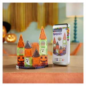 Set MAGNA-TILES microMAGS Spooky cu 24 de piese magnetice în culori neon, ferestre arcuite, fantome și dovleci pentru construcții tematice de Halloween.