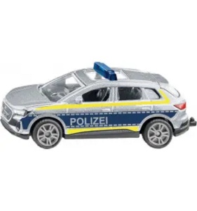 Machetă Audi Q4 e-tron Police SIKU 1552 în culori alb-albastru, cu inscripția POLICE și detalii realiste inspirate de vehiculele moderne ale poliției.