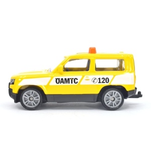 Mașină Land Rover Defender galben SIKU 1568, model metalic cu design ÖAMTC, roți cauciucate și cârlig de remorcare pentru copii și colecționari.