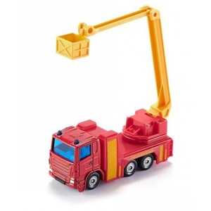 Model miniatural SIKU 1080 camion de pompieri roșu, realizat din metal și plastic, cu scară extensibilă și detalii inspirate de vehiculele reale de intervenție.