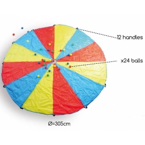 Parașută de motricitate colorată cu diametrul de 305 cm, prevăzută cu 12 mânere și 24 bile colorate, destinată jocurilor de grup și activităților educative pentru copii.