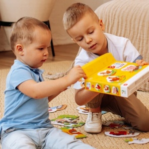 Set puzzle Dodo Ziua la fermă 3 în 1, cu ilustrații colorate ale animalelor de fermă și puzzle-uri progresive de 2, 3 și 4 piese pentru copii mici.