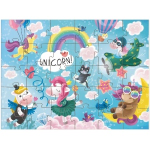 Puzzle Aventurile Unicornilor cu 30 de piese, ilustrând unicorni colorați care zboară printre nori într-o lume fantastică, realizat din carton rezistent pentru copii de la 3 ani.