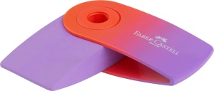 Radieră Faber-Castell Sleeve Mini Flow cu carcasă protectoare din plastic și design compact în culori gradient.