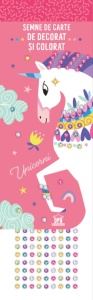 Semne de carte de colorat cu unicorni, decorate cu strasuri strălucitoare; activitate creativă pentru copii, set complet cu 30 de modele și peste 250 de strasuri.