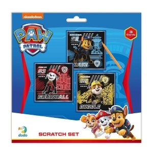 Set creativ de răzuit Paw Patrol Dodo Toys cu 3 planșe și creion special pentru descoperirea imaginilor colorate cu personajele Patrula Cățelușilor.