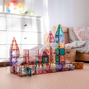 Set de constructie magnetic cu circuite cu bile, Connetix Magnetic Tiles, Pastel Ball Run 106 piese - Img 3