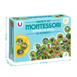 Set magnetic Montessori cu 36 animale africane ilustrate realist, pentru dezvoltarea vocabularului, logicii și cunoașterii naturii la copii.