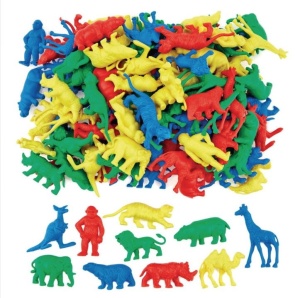Set Edx Education cu 120 de figurine colorate reprezentând animale sălbatice precum elefanți, lei, girafe, rinoceri și tigri, utilizate pentru activități de sortare și numărare.
