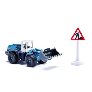 SIKU 6336 – Set utilaje de construcții Kingfisher Blue Metallic, 3 vehicule din metal, paleți și semne rutiere, detalii realiste și finisaj premium.