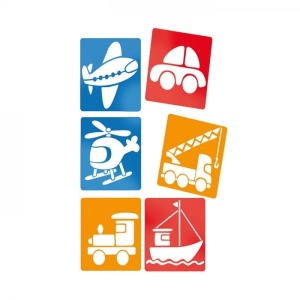 Playbox Stencils Vehicles – set de 6 șabloane din plastic flexibil cu modele de vehicule, ideale pentru desen și pictură.