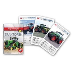 Joc de cărți Tractor cu vehicule și utilaje agricole, bazat pe compararea caracteristicilor tehnice și colectarea cărților adversarilor.