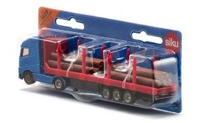 Model miniatural SIKU 1659 transportor de bușteni, realizat predominant din metal, cu detalii inspirate de vehiculele forestiere utilizate pentru transportul lemnului.