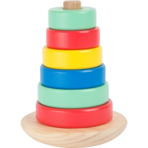 Turn de stivuire din lemn FSC® 100% cu piese colorate pentru sortare și construcție, ideal pentru dezvoltarea motricității și coordonării copiilor.