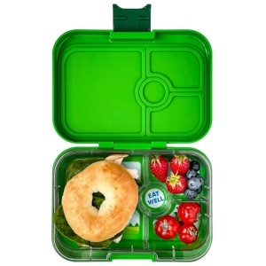 Yumbox Panino Jurassic Green – cutie de prânz bento verde cu tematică de dinozauri, 4 compartimente etanșe și tavă detașabilă, sigură pentru copii.