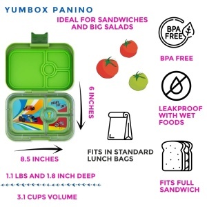 Yumbox Panino Matcha Green Race Car – caserolă etanșă cu 4 compartimente pentru prânzuri sănătoase.