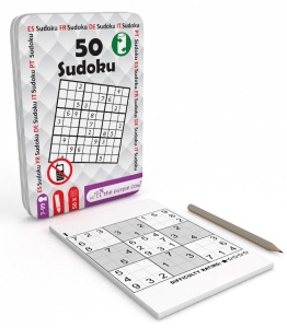 Joc 50 Sudoku în cutie metalică compactă, cu fișe de provocări și creion inclus, ideal pentru călătorii.