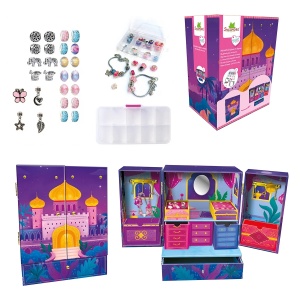 Cutie de bijuterii Sycomore decorativă, cu sertare, suporturi pentru inele, cârlige aurii și accesorii pentru brățări, coliere și charms.