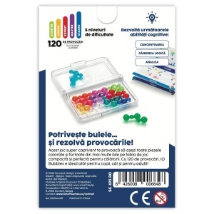 Joc IQ Bubbles de la Smart Games cu tablă compactă, 11 piese puzzle translucide colorate și caiet cu 120 de provocări logice pentru copii și adulți.