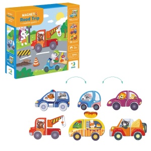 Joc magnetic DoDo Aventuri pe drum cu tablă magnetică, vehicule, semne de circulație și elemente rutiere pentru crearea propriilor trasee și povești.