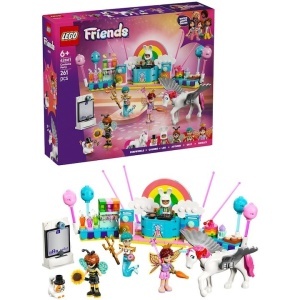 Set LEGO Friends Bal mascat cu unicorn și zână, cu personaje costumate, scenă de petrecere, pupitru DJ și cabină foto pentru aventuri creative și povești pline de magie.