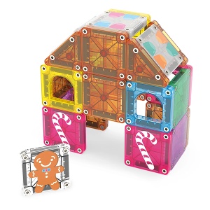 Set MAGNA-TILES microMAGS Gingerbread House cu 24 de piese magnetice colorate, ferestre, triunghiuri, elemente cu bomboane și personaj din turtă dulce.