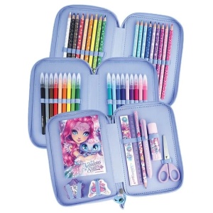 Penar Nebulous Stars deluxe cu 3 compartimente, carioci, creioane colorate și accesorii creative pentru școală și desen.
