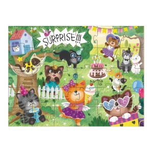 Puzzle Dodo Petrecerea Pisicuțelor cu 30 de piese, ilustrând o petrecere veselă cu pisicuțe, tort aniversar și decorațiuni colorate din seria Fantasy.