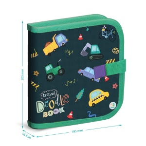 Set de desen Transport pentru copii, cu pagini reutilizabile, șabloane, markere colorate și mapă compactă, destinat activităților creative inspirate de vehicule și mijloace de transport.