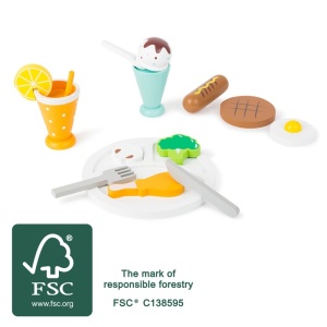 Set de joacă Lunch Break Small Foot din lemn certificat FSC® 100%, incluzând farfurie, tacâmuri, carne, legume, suc de portocale și desert pentru jocuri de rol.