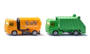 Set SIKU mașină gunoi verde și măturătoare portocalie jucărie salubritate copii