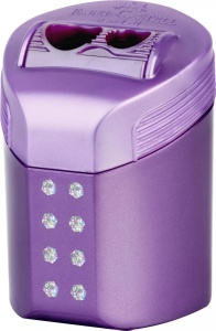 Ascuțitoare dublă Faber-Castell Roll-On Sparkle cu rezervor, design compact și finisaj colorat pastel sau Cosmic Colours.
