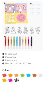 Set Glass Deco Prințesă cu modele decorative pentru realizarea de autocolante colorate tip vitraliu, destinate aplicării pe ferestre și alte suprafețe lucioase.