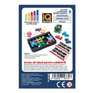 Joc IQ Quub SmartGames cu tablă compactă, 10 piese puzzle colorate și broșură cu 120 de provocări 2D și 3D.