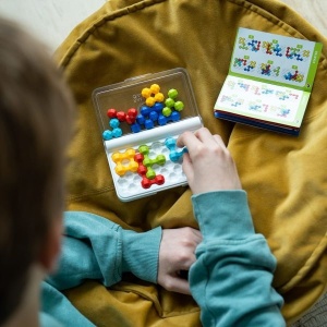 Joc IQ Twins de la Smart Games cu tablă compactă, 10 piese puzzle colorate organizate în perechi și broșură cu 120 de provocări logice pentru copii și adulți.