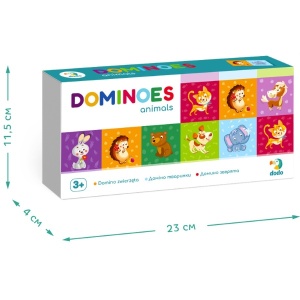 Joc Domino Animale cu 28 de piese ilustrate colorat, reprezentând diferite animale și modele, destinat dezvoltării logicii, atenției și motricității copiilor de peste 3 ani.